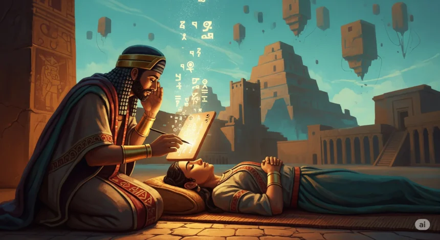 Mesopotamian priest recording a dream on a clay tablet beside a sleeping dreamer