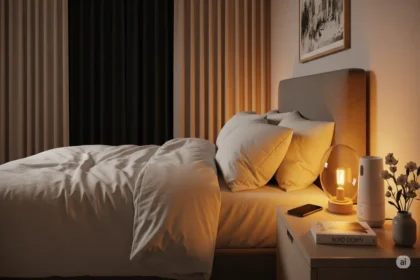 Tidy bedroom with blackout curtains, amber lights, and screen-free setup showing healthy sleep habits