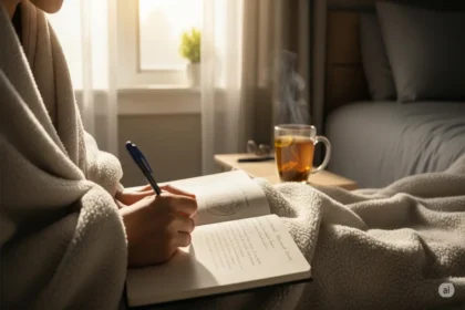 Person journaling dreams in morning light with a blanket and warm drink