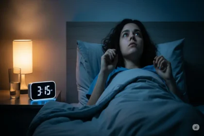 Person lying awake in bed at night with visible signs of stress and restlessness