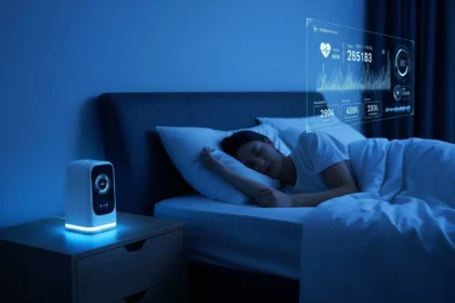 Person sleeping in a smart bedroom with AI sleep assistant and glowing sleep data