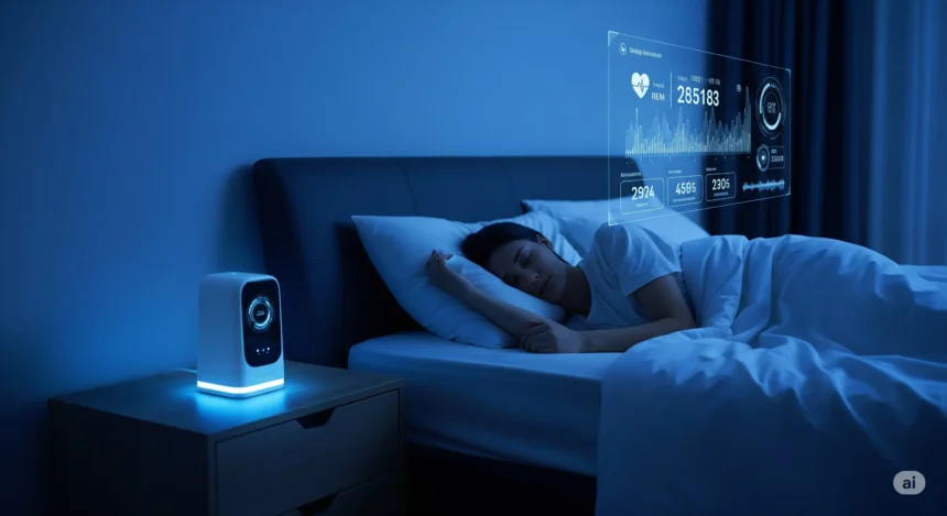 Person sleeping in a smart bedroom with AI sleep assistant and glowing sleep data