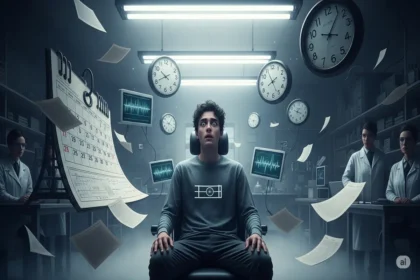 Test subject in a lab surrounded by clocks and brainwave monitors during sleep deprivation experiment