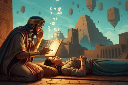 Mesopotamian priest recording a dream on a clay tablet beside a sleeping dreamer