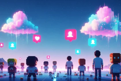 Gen Z influencer dreaming of social media with floating icons and pastel clouds