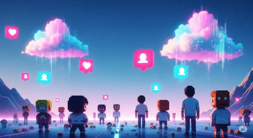 Gen Z influencer dreaming of social media with floating icons and pastel clouds