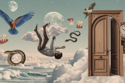 Surreal collage of dream symbols like teeth, snakes, and doors in a cloudy sky