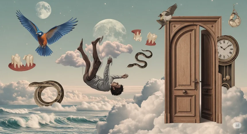 Surreal collage of dream symbols like teeth, snakes, and doors in a cloudy sky