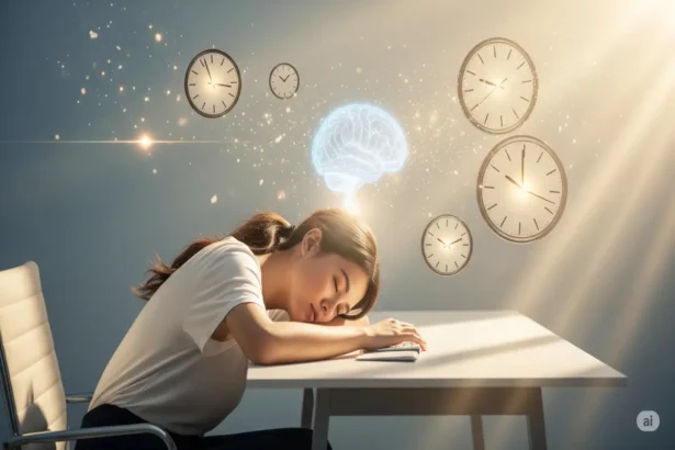 Person napping at a desk with glowing brain and floating clocks