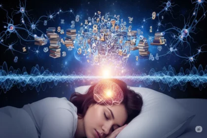 Person sleeping with glowing neurons forming symbols of memory and learning