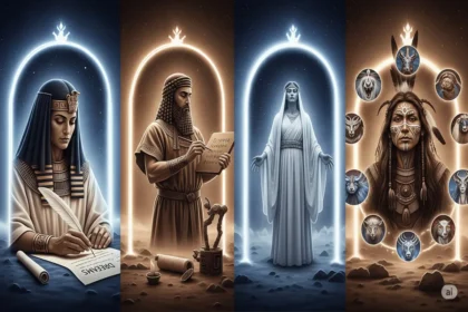 Dream interpreters from ancient cultures like Egypt, Mesopotamia, Greece, and Indigenous traditions under a starry sky