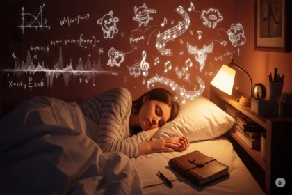 Person sleeping with soft glowing creative ideas like music, art, and notes around them