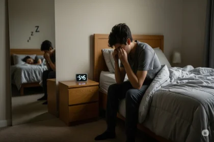 Tired person sitting on bed at dawn with a glowing clock and signs of sleep deprivation