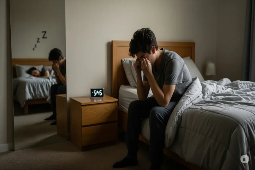 Tired person sitting on bed at dawn with a glowing clock and signs of sleep deprivation