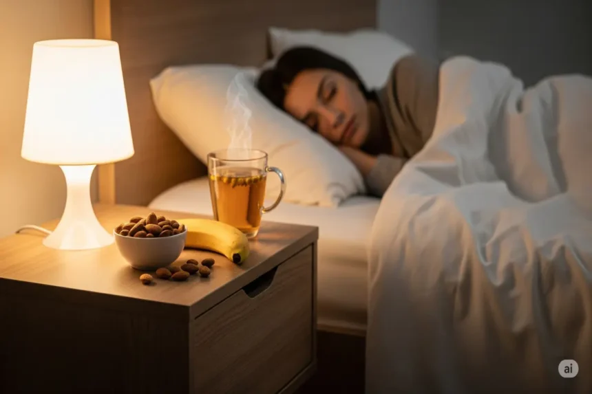 Nightstand with chamomile tea, banana, almonds, and soft lighting for better sleep