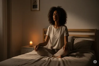 Person meditating on bed in dimly lit bedroom with candlelight before sleep