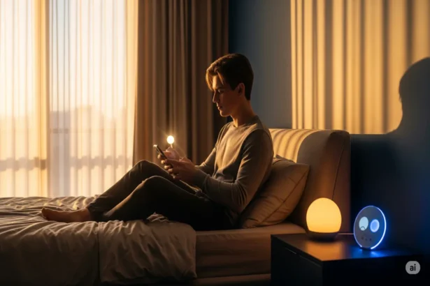 Person adjusting smart lights in a sunlit bedroom to support healthy sleep rhythms