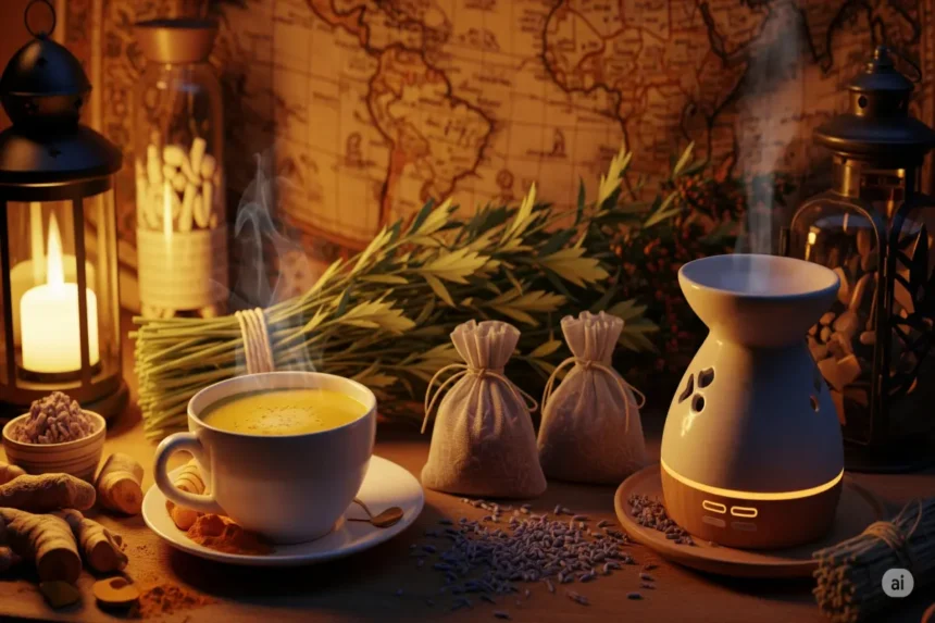 Table with traditional sleep remedies like turmeric milk, lavender, and herbal bundles from around the world