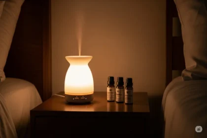 Essential oil diffuser and sleep oils like lavender and chamomile in a softly lit bedroom