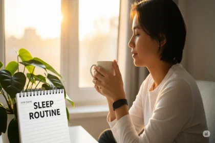 Person sitting in sunrise light with sleep tracker and sleep routine notepad
