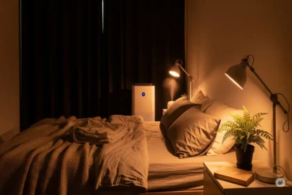 Peaceful bedroom with blackout curtains, diffuser, and cozy bedding for deep sleep