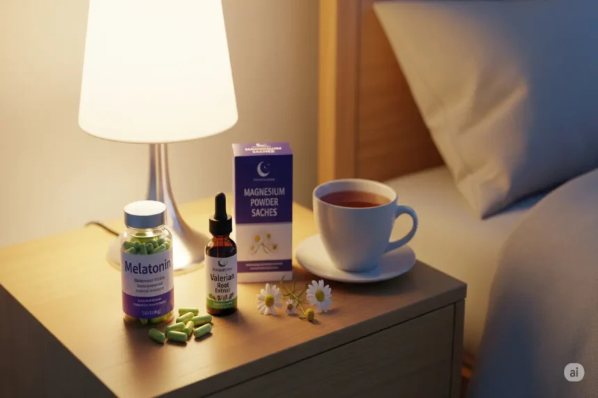 Nightstand with natural sleep aids like melatonin, valerian root, magnesium, and chamomile tea