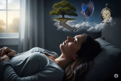 Person sleeping with soft dream images like birds and floating clocks above them