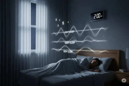Sleeping person with visual overlay of sleep stages and brainwave patterns above them