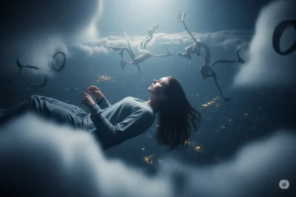 Sleeping person dreaming of falling through clouds and shadows