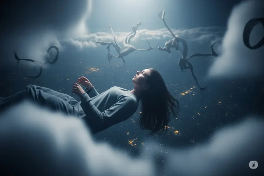 Sleeping person dreaming of falling through clouds and shadows