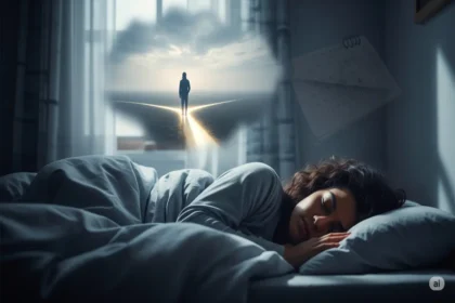 Sleeping person with symbolic dream vision of crossroads and future possibilities