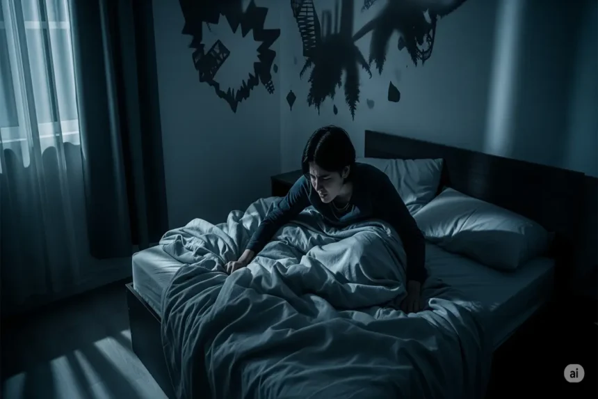 Person experiencing a nightmare in bed with shadowy dream imagery above them