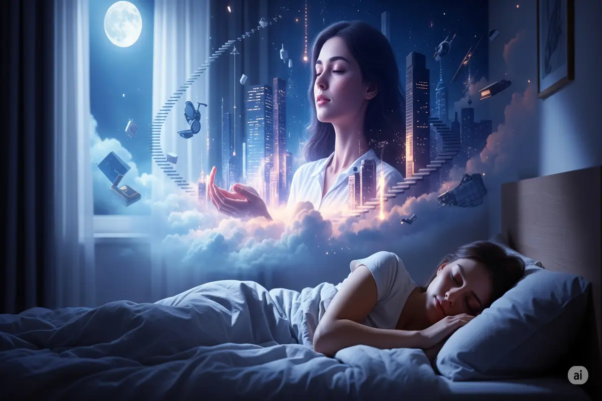 Sleeping person with a dream version of themselves floating through a surreal cityscape