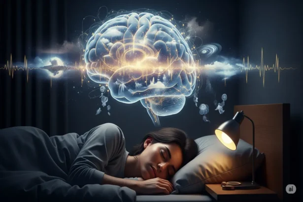 Sleeping person with glowing brain and dream imagery above symbolizing dream activity