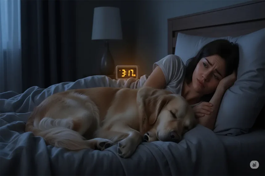 Tired person in bed with a pet sprawled across them at night