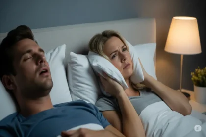 One partner awake in bed while the other snores loudly beside them