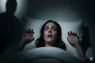 Terrified person lying awake in bed with shadowy figure nearby during sleep paralysis
