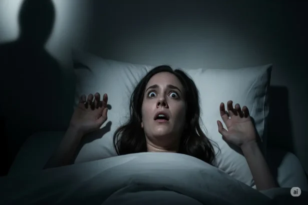 Terrified person lying awake in bed with shadowy figure nearby during sleep paralysis