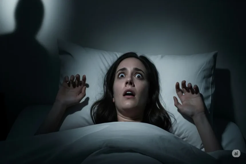 Terrified person lying awake in bed with shadowy figure nearby during sleep paralysis