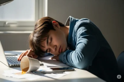 Person suddenly asleep at a desk mid-task, showing signs of narcolepsy