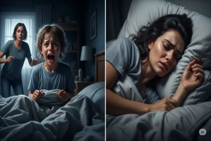 Child having a night terror and adult experiencing a nightmare in two contrasting bedroom scenes