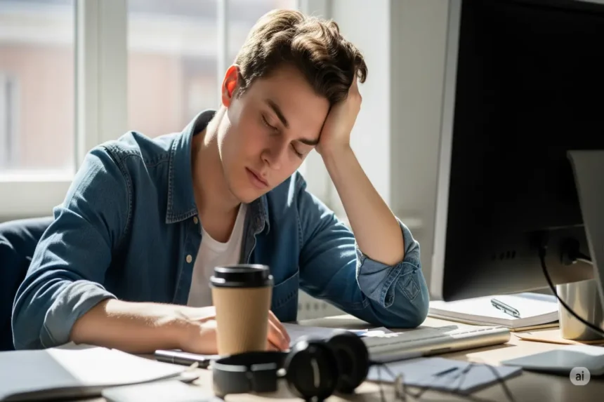 Person struggling to stay awake at a desk during the day, showing signs of drowsiness