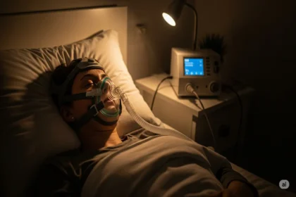 Person sleeping with a CPAP mask and machine, illustrating treatment for sleep apnea