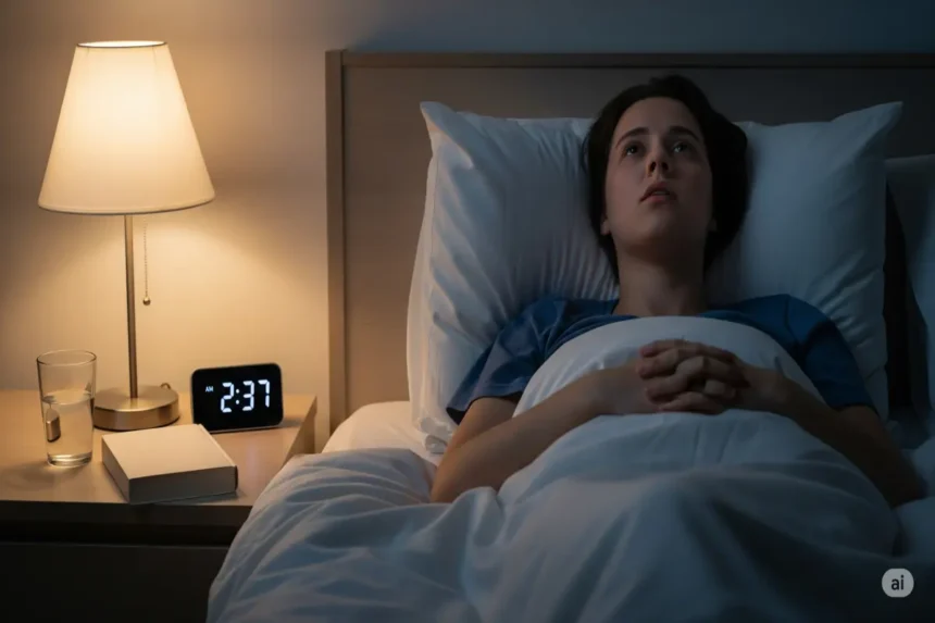 Person lying awake in bed late at night, unable to sleep, showing signs of insomnia