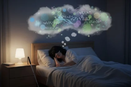 A blind person sleeping peacefully with symbolic dream imagery above them