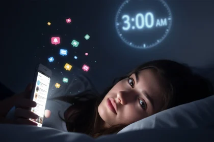 Teen in bed late at night, illuminated by smartphone screen and surrounded by social media icons