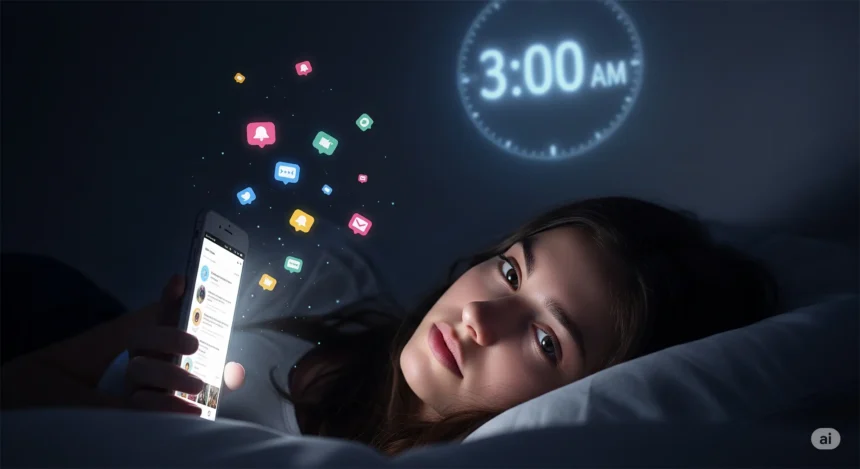 Teen in bed late at night, illuminated by smartphone screen and surrounded by social media icons