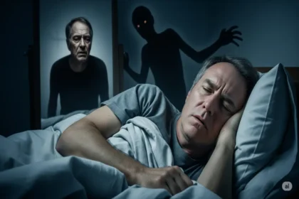 A person tormented by nightmares, reflecting premature aging in a mirror