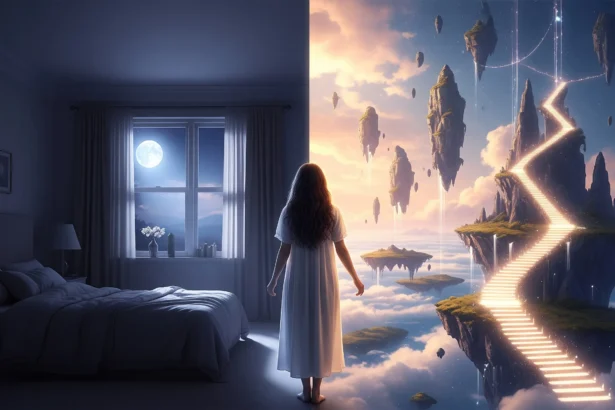 Person standing between a bedroom and a surreal dreamscape with floating islands and glowing lights