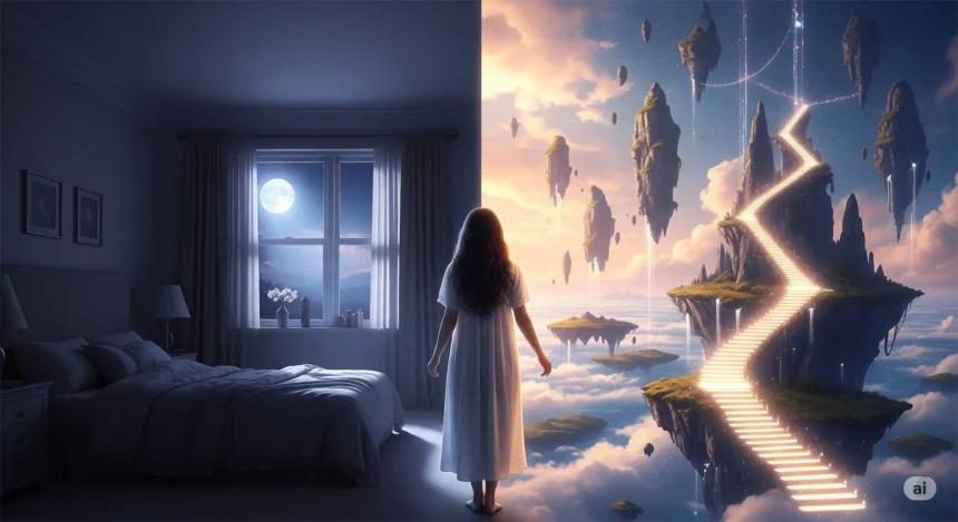 Person standing between a bedroom and a surreal dreamscape with floating islands and glowing lights